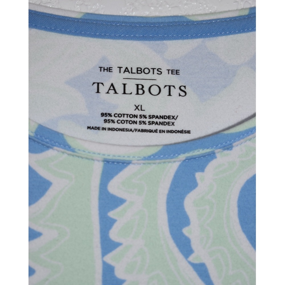 Talbots Tee XL Stretch Top Blue Mint Green Paisley Floral Short Slv Pullover - Picture 9 of 16